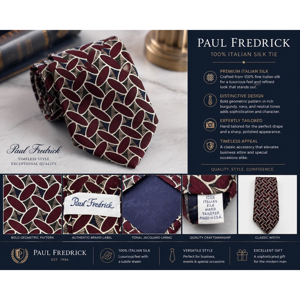 Paul Fredrick Mens Burgundy Geometric 100% Italian Silk Hand Tailored Tie USA
